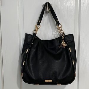 Black Leather Tote Bag with Gold Accents